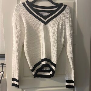 Women's White and Black V-Neck Sweater